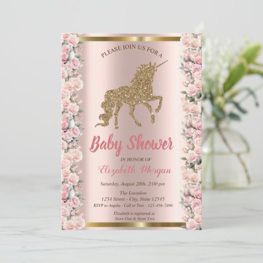 Elegant Gold Glitter Eenhoorn Rozen Baby shower Kaart (Staand voorkant)