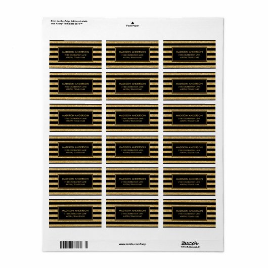 Elegant Gold Glitter en Black Stripe Pattern Etiket (Full Sheet)