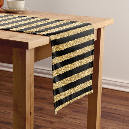 Elegant Gold Glitter en Black Stripe Pattern Korte Tafelloper (Voorbeeld)