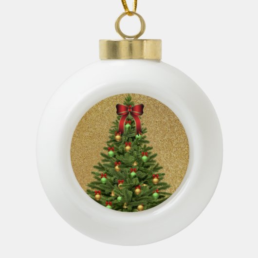 Elegant Gold Glitter en kerstboomvakantie Keramische Bal Ornament (Voorkant)