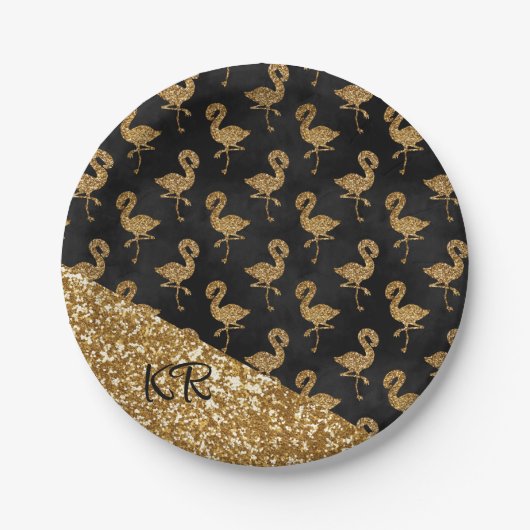 Elegant Gold Glitter Flamingo patroon Initialen Papieren Bordje (Voorkant)