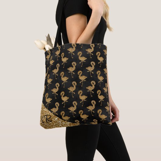 Elegant Gold Glitter Flamingo patroon Monogramed Tote Bag (Dichtbij)