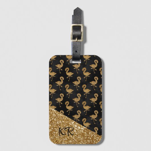 Elegant Gold Glitter Flamingos Monogrammen Bagagelabel (Voorkant (verticaal))
