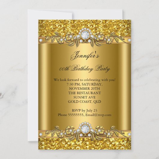 Elegant Gold Glitter Floral Diamond Birthday Party Kaart (Voorkant)