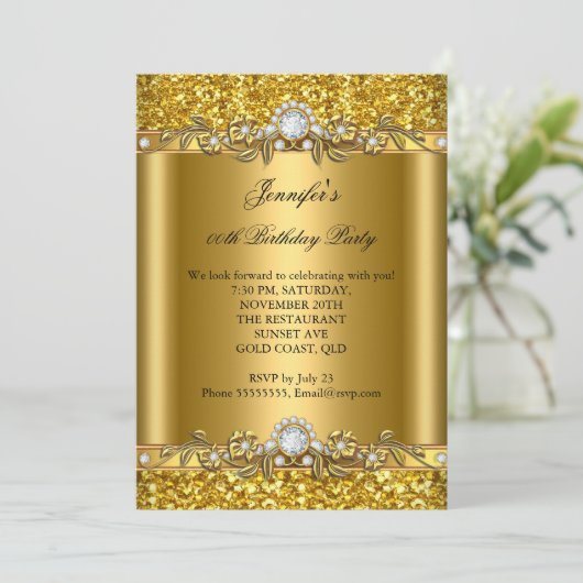Elegant Gold Glitter Floral Diamond Birthday Party Kaart (Staand voorkant)