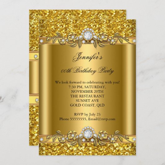 Elegant Gold Glitter Floral Diamond Birthday Party Kaart (Voorkant / Achterkant)