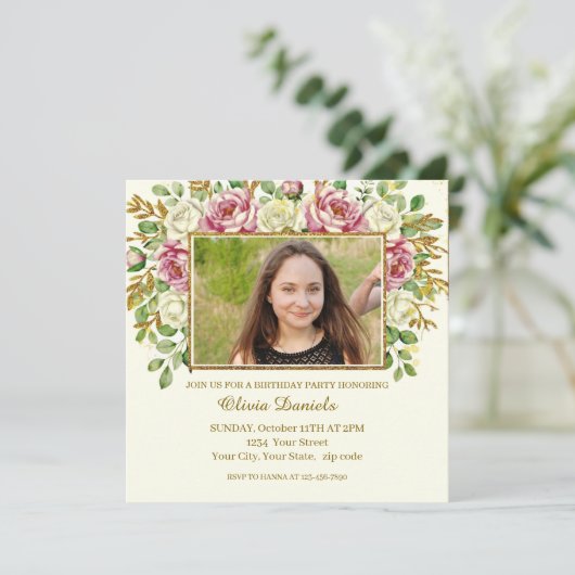Elegant Gold Glitter Floral Frame Personalized (Staand voorkant)