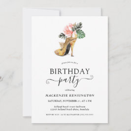 Elegant Gold Glitter Floral Gold Heels Birthday Kaart