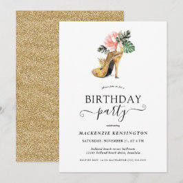 Elegant Gold Glitter Floral Gold Heels Birthday Kaart