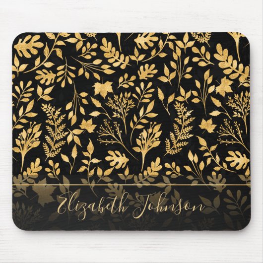 Elegant Gold Glitter Foliage Black Design Muismat (Voorkant)