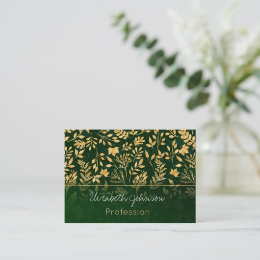 Elegant Gold Glitter Foliage Forest Green Design Visitekaartje (Staand voorkant)