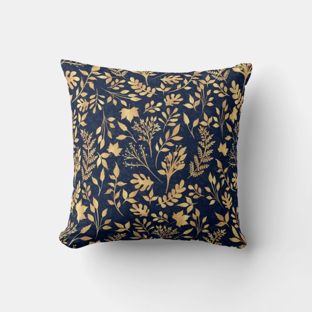 Elegant Gold Glitter Foliage Navy-Blue Design Kussen (Voorkant)