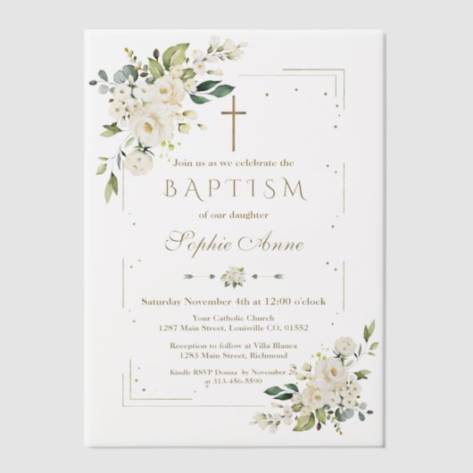 Elegant Gold Glitter Frame White Floral Baptism Vellum Uitnodigingen (Voorkant)