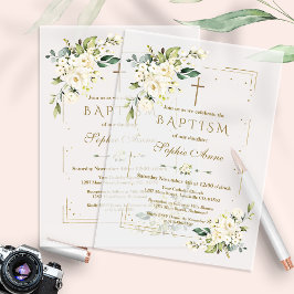 Elegant Gold Glitter Frame White Floral Baptism Vellum Uitnodigingen