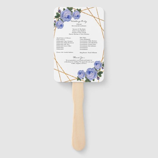 Elegant Gold Glitter Geo Blue Floral Wed Program Handwaaier (Achterkant)