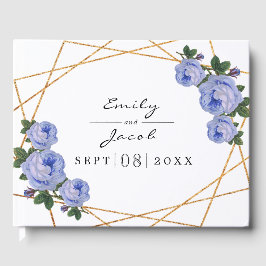 Elegant Gold Glitter Geo Blue Floral Wedding Gastenboek