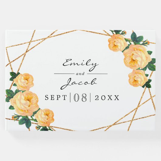 Elegant Gold Glitter Geo Oranje Floral Wedding Gastenboek (Voorkant)