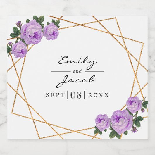 Elegant Gold Glitter Geo Paarse Floral Wedding Bier Etiket (Enkel label)