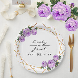 Elegant Gold Glitter Geo Paarse Floral Wedding Papieren Bordje