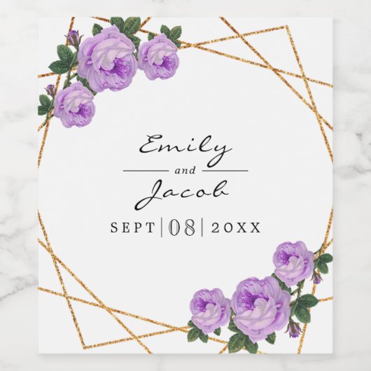 Elegant Gold Glitter Geo Paarse Floral Wedding Wijn Etiket (Enkel label)