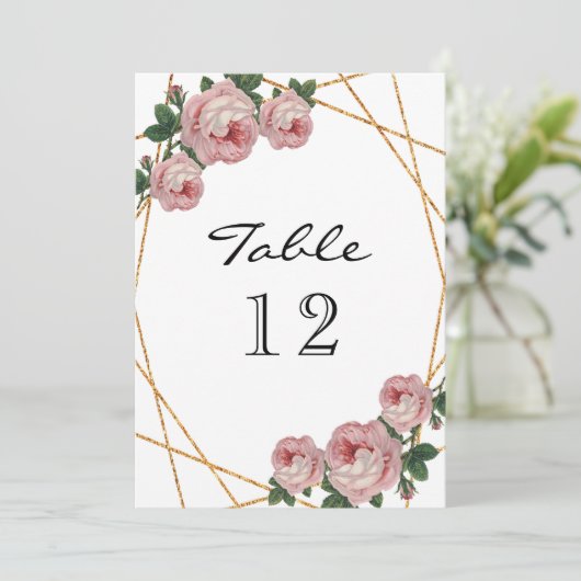 Elegant Gold Glitter Geo Pink Floral Table Number Aankondiging (Staand voorkant)