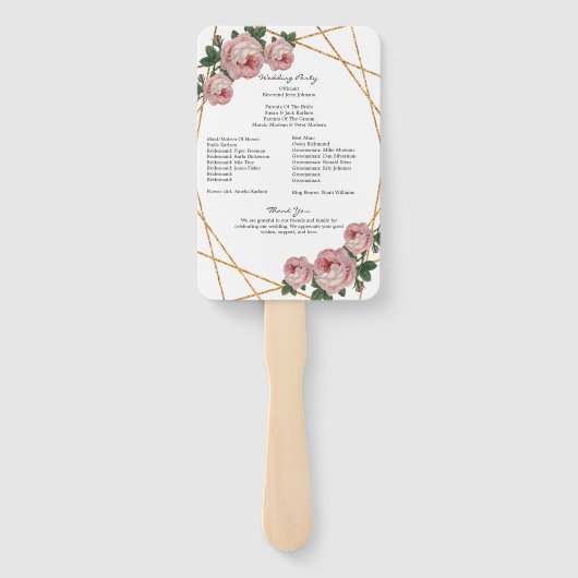 Elegant Gold Glitter Geo Pink Floral Wed Program Handwaaier (Achterkant)