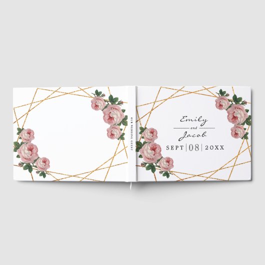 Elegant Gold Glitter Geo Pink Floral Wedding Gastenboek (Volledig)