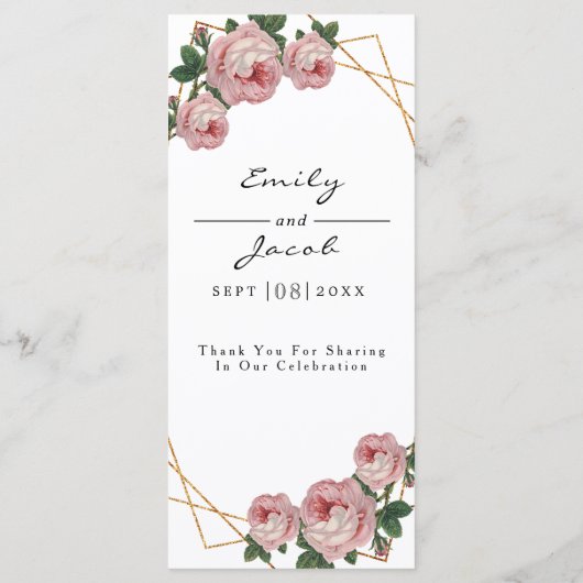 Elegant Gold Glitter Geo Pink Floral Wedding Menu (Achterkant)