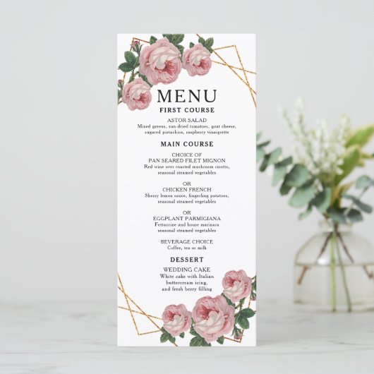 Elegant Gold Glitter Geo Pink Floral Wedding Menu (Staand voorkant)