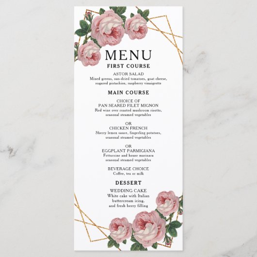 Elegant Gold Glitter Geo Pink Floral Wedding Menu (Voorkant)