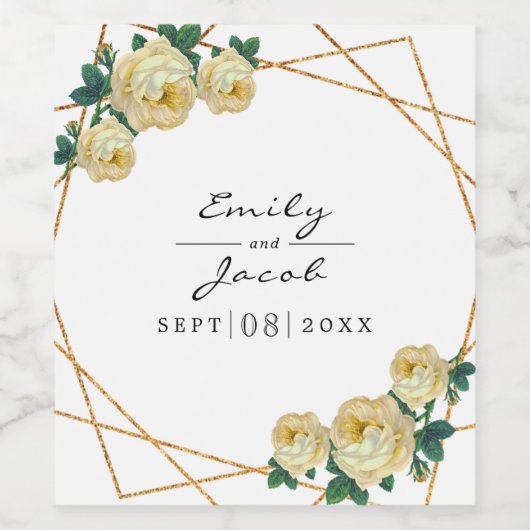 Elegant Gold Glitter Geo Yellow Floral Wedding Wijn Etiket (Enkel label)