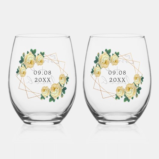 Elegant Gold Glitter Geo Yellow Floral Wedding Wijnglas Zonder Voet (Achterkant)