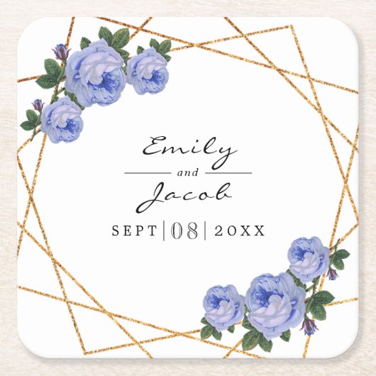 Elegant Gold Glitter Geometric Blue Floral Wedding Kartonnen Onderzetters (Voorkant)
