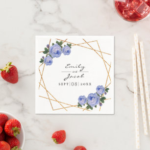 Elegant Gold Glitter Geometric Blue Floral Wedding Servet