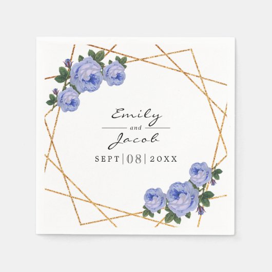 Elegant Gold Glitter Geometric Blue Floral Wedding Servet (Voorkant)