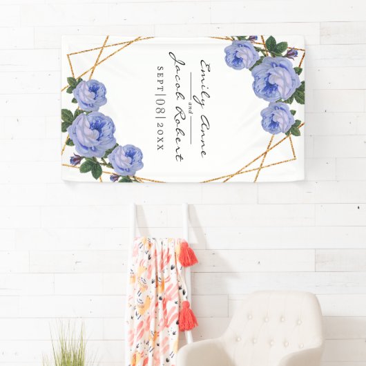 Elegant Gold Glitter Geometric Blue Floral Wedding Spandoek (Insitu)