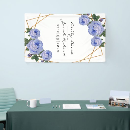 Elegant Gold Glitter Geometric Blue Floral Wedding Spandoek (Beurs)