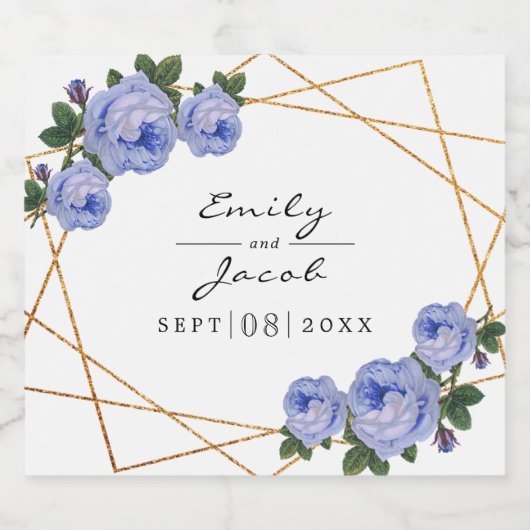 Elegant Gold Glitter Geometric Blue Floral Wedding Sparkling Wijnetiket (Enkel label)