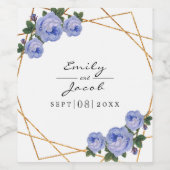 Elegant Gold Glitter Geometric Blue Floral Wedding Wijn Etiket (Enkel label)