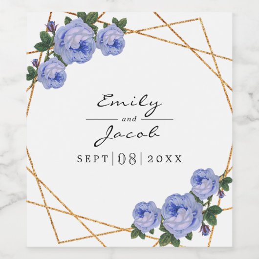 Elegant Gold Glitter Geometric Blue Floral Wedding Wijn Etiket (Enkel label)