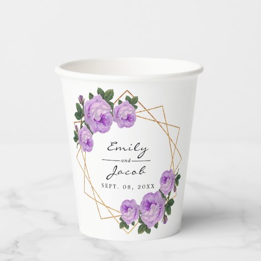 Elegant Gold Glitter Geometric Paars Floral Wed Papieren Bekers (Voorkant)
