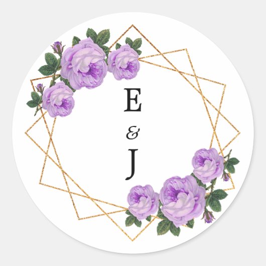 Elegant Gold Glitter Geometric Paars Floral Wed Ronde Sticker (Voorkant)