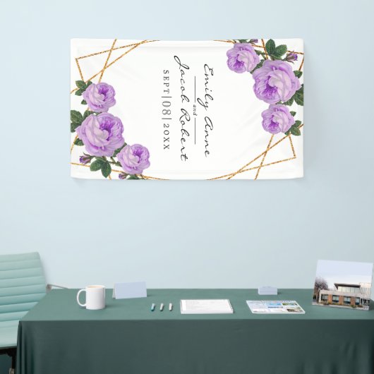 Elegant Gold Glitter Geometric Paars Floral Wed Spandoek (Beurs)