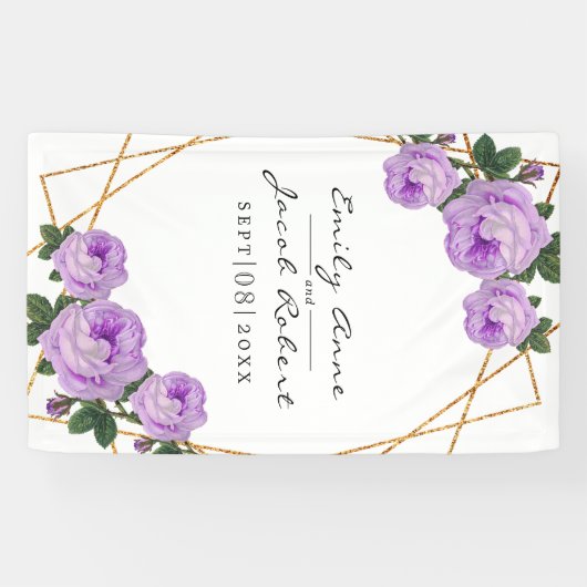 Elegant Gold Glitter Geometric Paars Floral Wed Spandoek (Horizontaal)