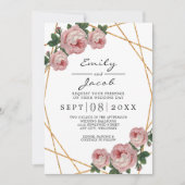 Elegant Gold Glitter Geometric Pink Floral Wedding Aankondiging (Voorkant)