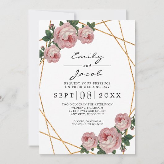Elegant Gold Glitter Geometric Pink Floral Wedding Aankondiging (Voorkant)