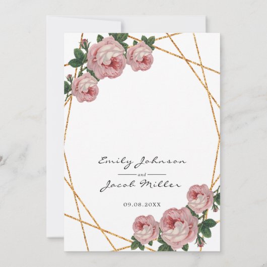 Elegant Gold Glitter Geometric Pink Floral Wedding Aankondiging (Achterkant)