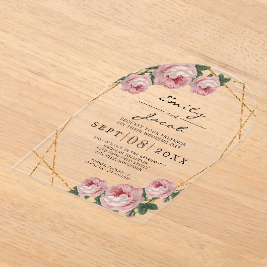 Elegant Gold Glitter Geometric Pink Floral Wedding Acryl Uitnodigingen (Laagn)