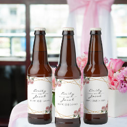 Elegant Gold Glitter Geometric Pink Floral Wedding Bier Etiket