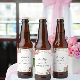 Elegant Gold Glitter Geometric Pink Floral Wedding Bier Etiket